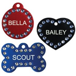 Swarovski Crystal Pet Id Tags – Fun, Stylish, Bling in Bone, Round, and Heart Shapes
