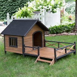 Large Dog House Lodge with Porch Deck Kennels Crates Solid Fir Wood Spacious Deck for Sunny Nap Insulated Keep Rain Out Outdoor 67w X 31d X 38h