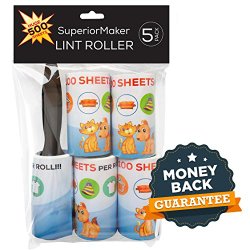 Lint Roller Lint Remover and Pet Hair Remover – 5 PACK – 500 Sheets – For Clothes, Furniture, Car and More – Great For Picking Up Dust, Dirt, Crumbs, Pet Lint Roller by SuperiorMaker