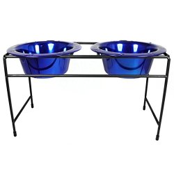 Platinum Pets Modern Double Diner Stand with Two 2 Cup Rimmed Bowls, Blue