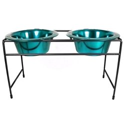 Platinum Pets Modern Double Diner Stand with Two 2 Cup Rimmed Bowls, Teal