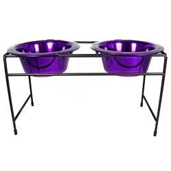 Platinum Pets Modern Double Diner Stand with Two 8 Cup Rimmed Bowls, Purple
