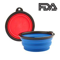 Set of 2 Portable Collapsible Pop-up Design Silicone Pet Dog Food Water Travel Bowl (2 Bowls (Blue+Red))
