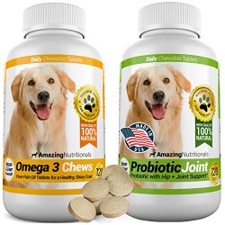 Amazing Combo Omega-3 Fish Oil and Probiotics for Dogs – Pure All-Natural Pet Antioxidant – Promotes Shiny Coat, Brain Health, Eliminates Diarrhea Gas and Joint Pain, 120 Tasty Chews x 2