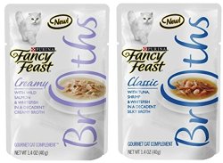 Fancy Feast Broth for Cats Tuna, Shrimp & Whitefish and Creamy Wild Salmon & Whitefish, 1.4 Oz Pouch, Pack of 24