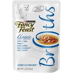 Fancy Feast Broths for Cats, Classic, With Tuna Shrimp and Whitefish, 1.4-Ounce Pouch, Pack of 32