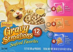 Friskies Wet Cat Food, Gravy Sensations, Seafood Favorites Variety Pack, 3-Ounce Pouches, Pack of 12