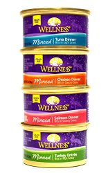 Wellness Minced Grain-Free Wet Cat Food Variety Pack – 4 Flavors (Salmon, Tuna, Turkey, and Chicken) – 12 (3 Ounce) Cans – 3 of Each Flavor