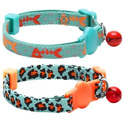 Blueberry Pet Pack of 2 Hunting Expedition Adjustable Breakaway Cat Collars with Fish Bone and Leopard Print