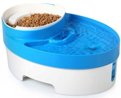 Filtered Pet Fountain Feeder with Removable Food Bowl and Built-In Nightlight Safety Light – Great for Cats and Dogs – Super Quiet Operation – Holds and Filters Up To Three Liters of Water – BPA Free – Blue