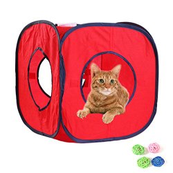 Flexible Pop Out Cat Kitty Play Cube Expandable Play Tunnel Cat Toys,with 4 Balls, Color May Varies