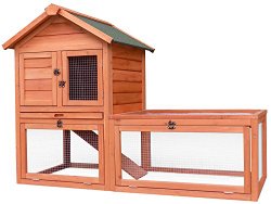 Merax Natural Wood Color Wooden Pet Rabbit Hutch House with Ramp and Tray