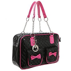 MG Collection Fashion Black Faux Patent Leather Quilt Soft Side Dog & Cat Travel Pet Carrier Tote Handbag