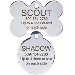 Stainless Steel Pet Id Tags: Bone, Round, Heart, House, Star, Rectangle, and Bow Tie. Includes up to 8 Lines of Customized Text – Front and Back Engraving.