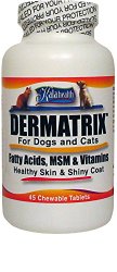Dermatrix 45 Chewable Tablets for Dogs and Cats. Contains MSM, Omega Fatty Acids and Vitamins. All ingredients are 100% US Sourced and Made. FREE SHIPPING!