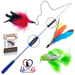 Pet Fit For Life Retractable Wand with 2 Feathers and 1 Soft Furry Combo For Your Cat and Kitten – Cat Toy Interactive Cat Wand