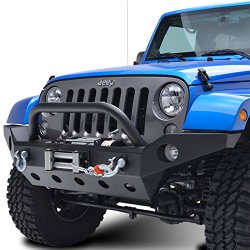 E-Autogrilles 51-0360 07-16 Jeep Wrangler JK Full Width Front Bumper With Fog Lights Hole and Winch Plate-Textured Black