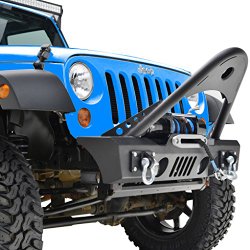 E-Autogrilles 51-0366 07-16 Jeep Wrangler JK Black Textured Stinger Front Bumper with OE Fog Lights Housing and Winch Plate