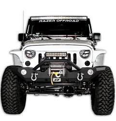 Razer Auto 07-16 Jeep Wrangler JK Black Textured Rock Crawler Front Bumper with OE Fog Light Hole, 2x D-Ring and Built-In Winch Mount Plate