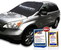 SnowOFF Car Windshield Snow Cover & Sun Shade Protector – New Contoured Shape w 8 Magnets, Wings & Suction Cups Secure Automotive Hood Covers + Chamois Glass Cleaner + Rescue Blanket – SUV, RV, Truck