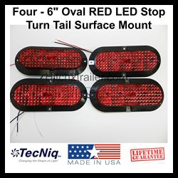 4 of 6″ Oval Red LED Stop Turn Tail Light Surface Mount Trailer Truck Rv Light, USA Made with Lifetime Warranty! (Four Lights)