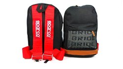 Bride JDM Racing Backpack Racing Harness Shoulder Straps Zipper Pockets w Padded Computer Compartment (Red Sparco Leather)