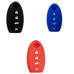 Pack of 3 (Black Red Blue) Silicone Smart Remote Key Cover Key Fob Skin Covers replacement for Nissan Maxima Altima Gt-r Sentr Murano