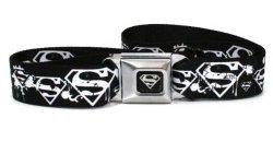 Superman Logo Seatbelt Buckle Black Strap Belt, Official Licensed