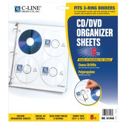 C-Line Deluxe CD Ring Binder Storage Pages for Standard 3-Ring Binders, Stores 8 CDs, 11.3 x 10.4 Inches, 5 Pages per Pack (61948)