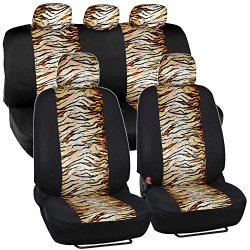 ComfySeats Velvet Animal Car Seat Covers Two Tone Biege Tiger Accent on Black 9pc Set