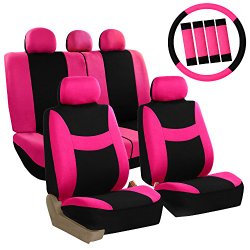 FH-FB030115-COMBO FH Group Light & Breezy Pink/Black Cloth Seat Cover Set Airbag & Split Ready- Fit Most Car, Truck, Suv, or Van