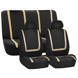 FH-FB032115 Unique Flat Cloth Seat Cover w. 5 Detachable Headrests and Solid Bench Beige / Black- Fit Most Car, Truck, Suv, or Van