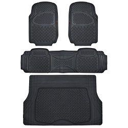Motor Trend Odorless Black Heavy Duty SUV 4 Piece Floor Mats – Universal Fit 2 Row and Trim to Fit Trunk Cargo Liner