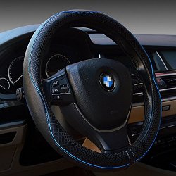 Gomass Automotive Interior Accessories 38cm Emboss Top Leather Steering Wheel Cover Thick Nylon Interior Ring Soft Breathable Steering Wheel Wrap (Black+blue)