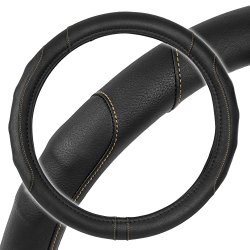 GripDrive Pro Synthetic Leather Steering Wheel Cover Black w/ Beige Accent Stitching – Comfort Grip – Small 13.5″-14.5″