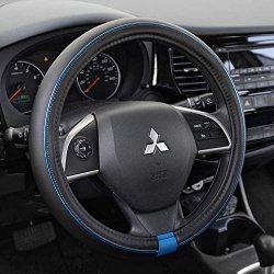 Motor Trend ProSleek Synthetic Leather Steering Wheel Cover Black w/ Blue Metallic Ring Standard Size