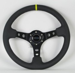 NRG Steering Wheel – 06 (Deep Dish) – 350mm (13.78 inches) – Black Leather with Black Spokes / Yellow Stripe – Part # ST-006BK-Y