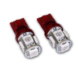 TuningPros LEDUHL-T10-RS5 Under Hood Light LED Light Bulbs T10 Wedge, 5 SMD LED Red 2-pc Set