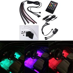 Xcellent Global 4pcs 12 Inch DC 12V Multi-color 8 Color Car Interior Light LED Underdash Lighting Kit with Sound Active Function and Wireless Remote Control, Car Charger Included AT010