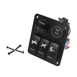 TEQStone Marine Car Switch Panel 3 Gang with 1 Charger With 2 USB Slot Blue LED Light 5pin On/off Rocker Switch.