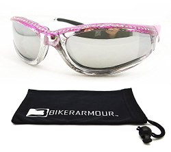 Chrome and Pink Frame Anti Glare Mirrored Motorcycle Sunglasses with Rhinestones Foam Padded for Women