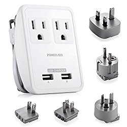Poweradd [UL Listed] 2-Outlet International Travel Charger Power AC Adapter with Worldwide UK/US/AU/EU/JP Plugs + Dual Smart USB Ports for Business Trip