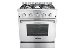 Thor Kitchen HRG3080U 30″ Freestanding Professional Style Gas Range with 4.2 cu. ft. Oven, 4 Burners, Convection Fan, Cast Iron Grates, and Blue Porcelain Oven Interior, in Stainless Steel