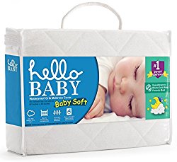 Hello Baby Waterproof Crib Mattress Cover- Quilted Ultra Soft White Bamboo Terry Fitted Sheet Style Blanket-like Pad- Top Infant Boy/Girl Bed Protector- Toddler, Kids, Boys/Girls Bedding Sheets Set