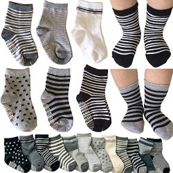 Kakalu® 6 Pairs Assorted Non Skid Ankle Cotton Socks Baby Walker Boys Girls Toddler Anti Slip Stretch Knit Stripes Star Footsocks Sneakers Crew Socks With Grip For 16-36 Months Baby + Free Gift