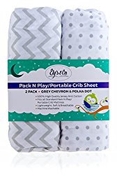 Pack N Play Portable Crib Sheet Set 100% Jersey Cotton Unisex for Baby Girl and Baby Boy by Ely’s & Co. (Grey Chevron and Polka Dot)