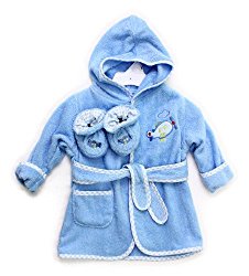 Spasilk 100% Cotton Hooded Terry Bathrobe with Booties, Blue Plane, 0-9 Months