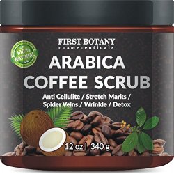 100% Natural Arabica Coffee Scrub 12 oz. with Organic Coffee, Coconut and Shea Butter – Best Acne, Anti Cellulite and Stretch Mark treatment, Spider Vein Therapy for Varicose Veins & Eczema