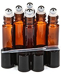 6, Amber, 10 ml Glass Roll-on Bottles with Stainless Steel Roller Balls – .5 ml Dropper included