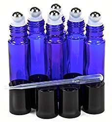 6, Cobalt Blue, 10 ml Glass Roll-on Bottles with Stainless Steel Roller Balls – .5 ml Dropper Included